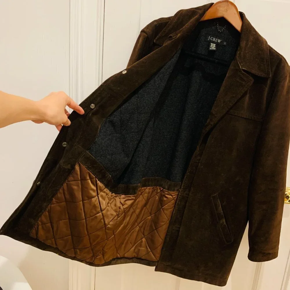 J CREW Suede Leather Jacket Lined Coat Button Down Wool Lining Brown Vintage 90s